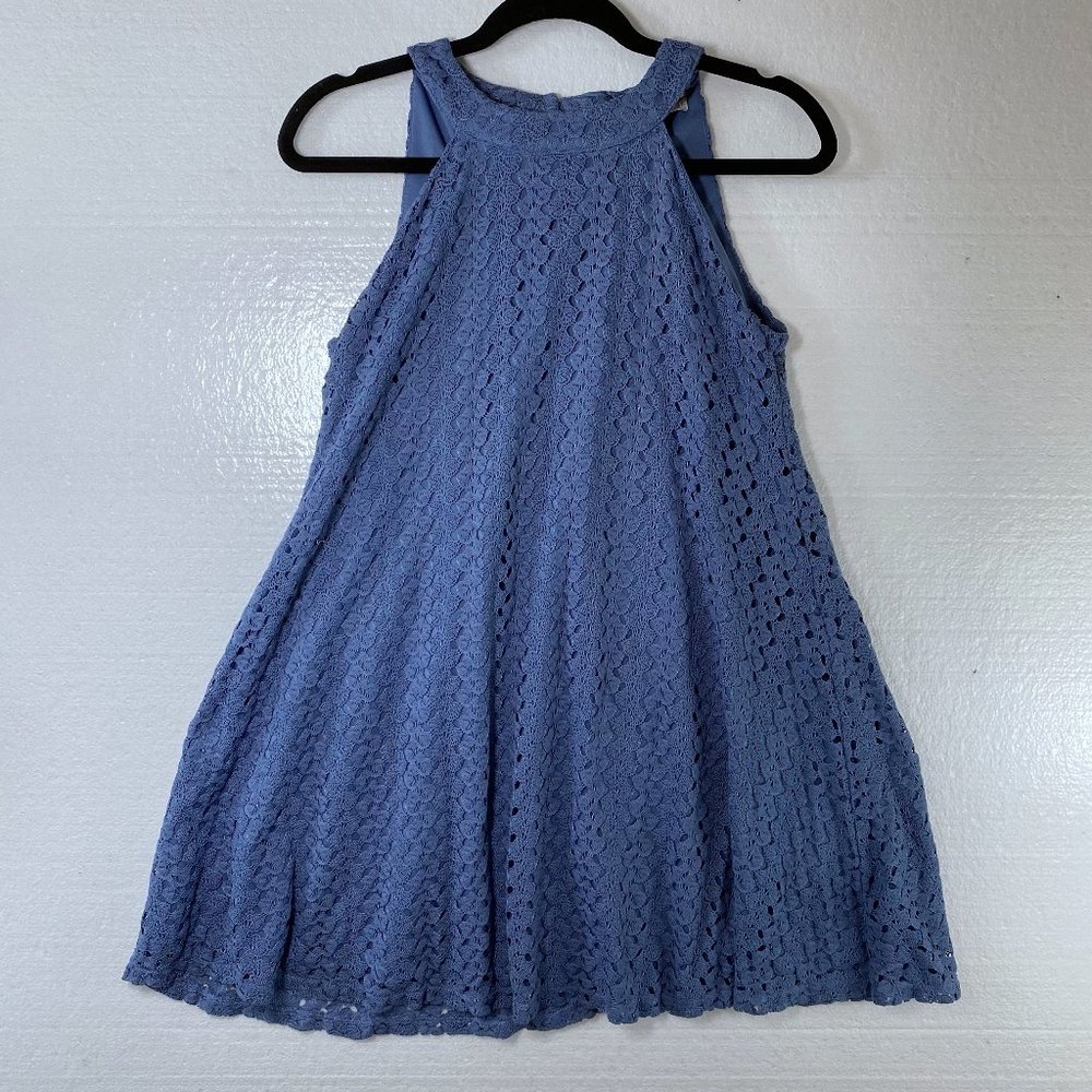 Altard State Womens Size Small Blue Lace Floral Halter Swing Dress Cut Out Shift